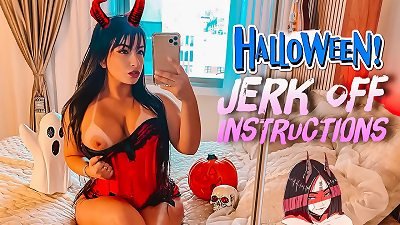 wild little demon costume play immense bootie and meaty jugs latina JOI jerk off instructions with her ladycock on praying you to jizz over her feet